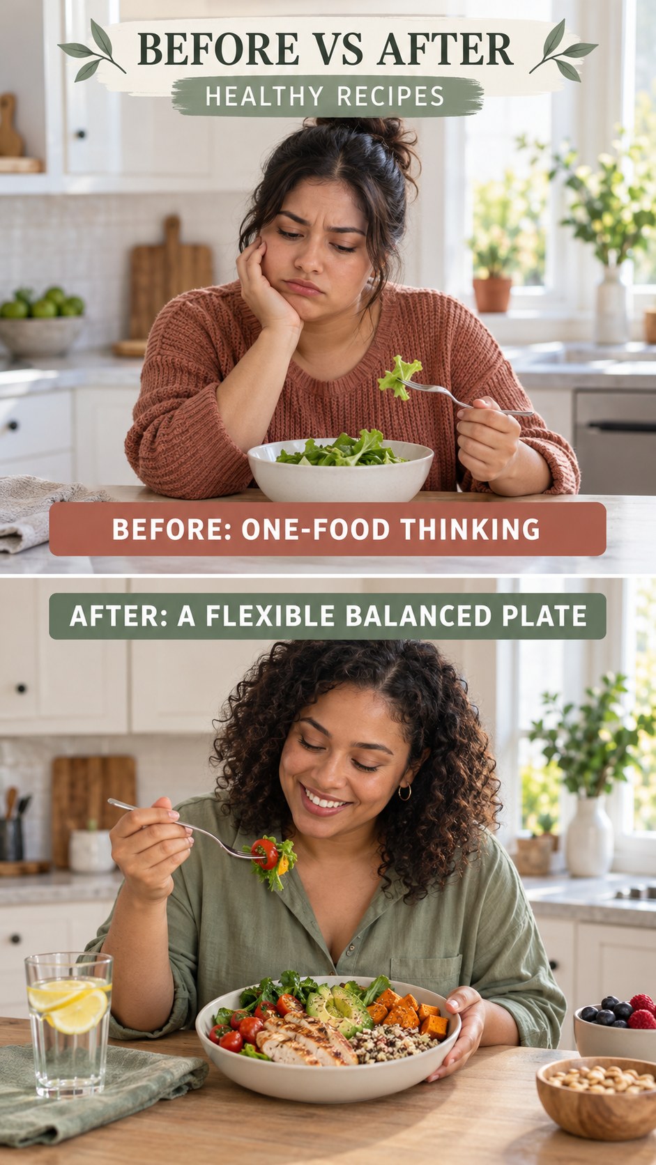 Illustrative before-and-after balanced meal planning comparison for Healthy Recipes, from one-food thinking to a flexible balanced plate.