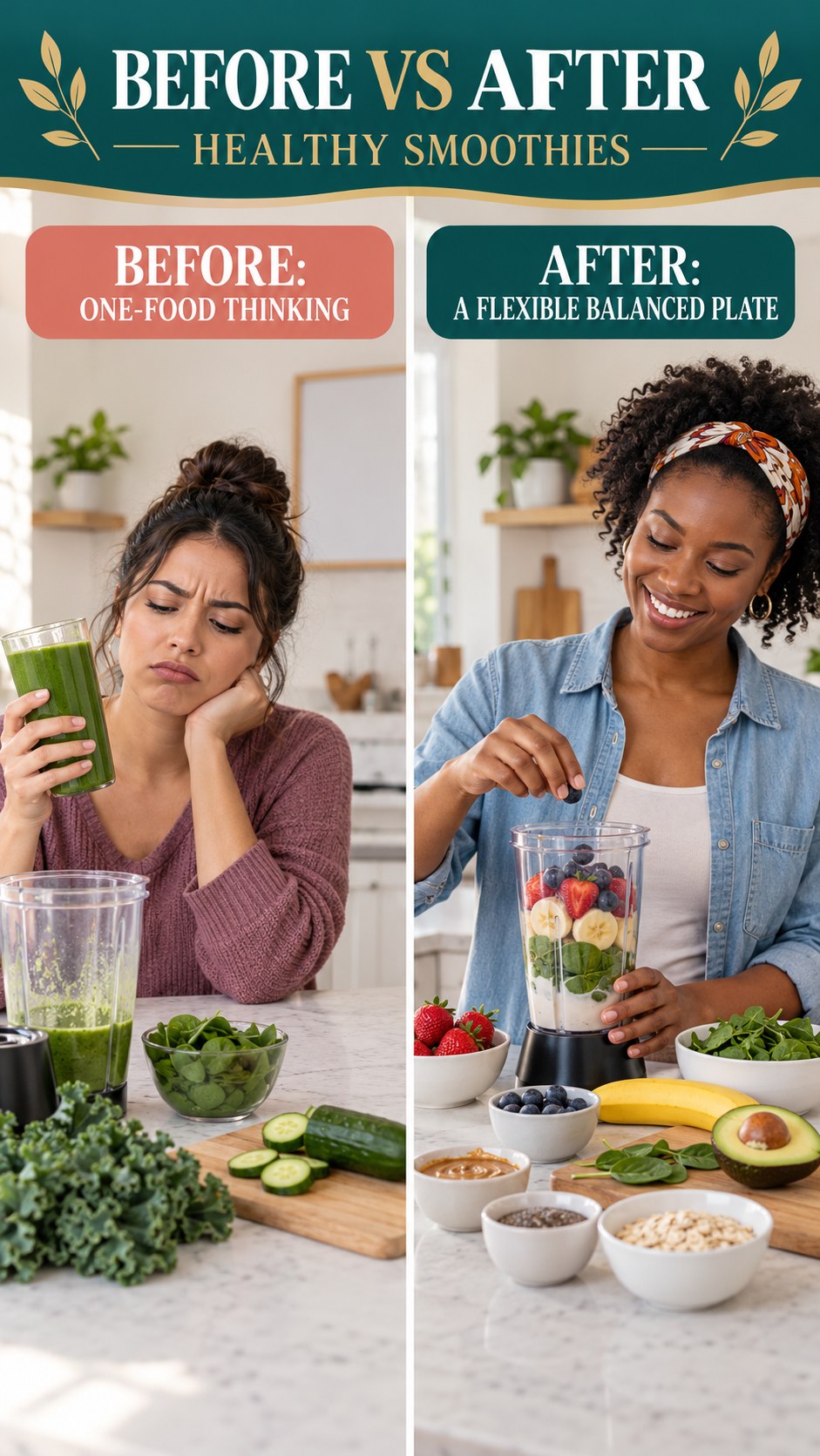 Illustrative before-and-after balanced meal planning comparison for Healthy Smoothies, from one-food thinking to a flexible balanced plate.