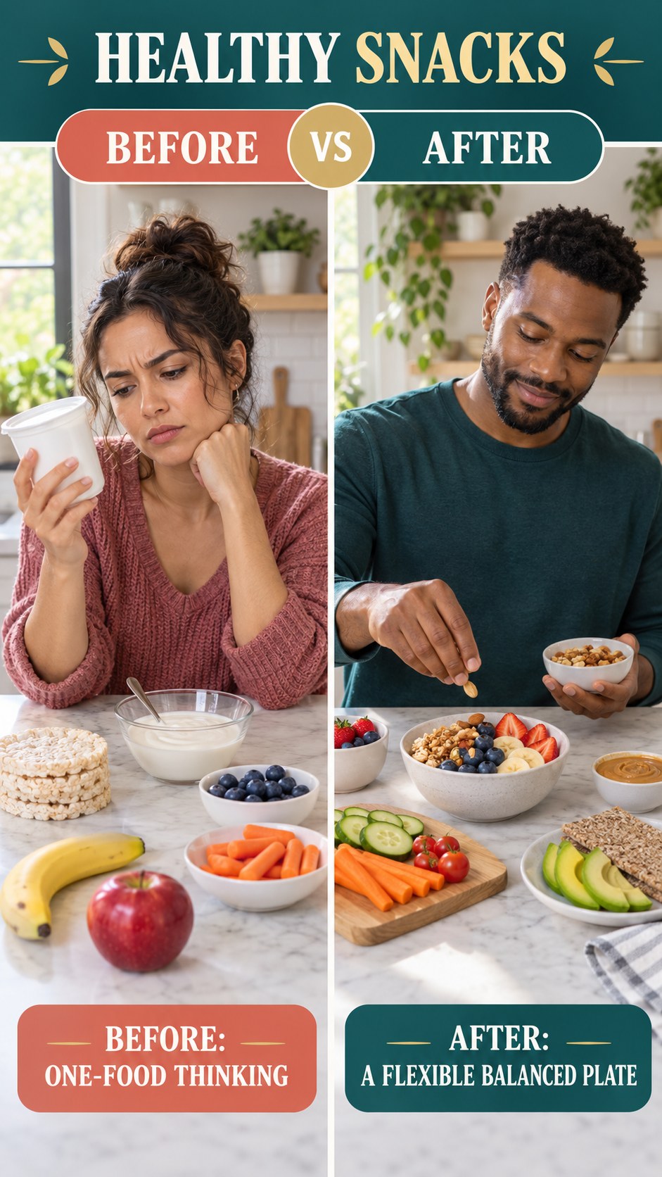 Illustrative before-and-after balanced meal planning comparison for Healthy Snacks, from one-food thinking to a flexible balanced plate.