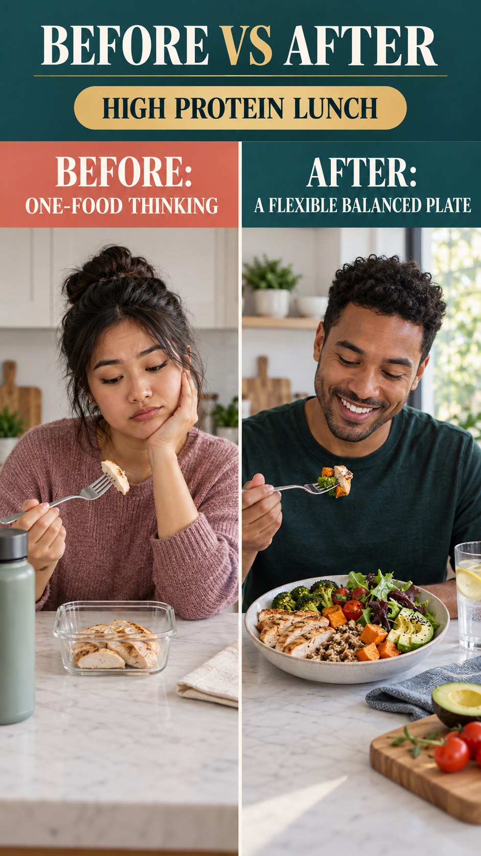 Illustrative before-and-after balanced meal planning comparison for High Protein Lunch, from one-food thinking to a flexible balanced plate.
