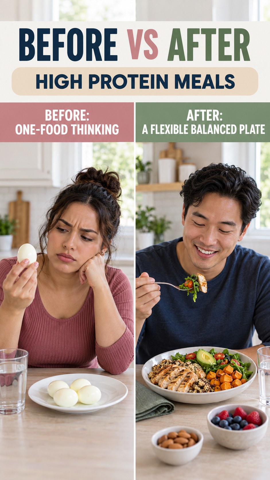 Illustrative before-and-after balanced meal planning comparison for High Protein Meals, from one-food thinking to a flexible balanced plate.