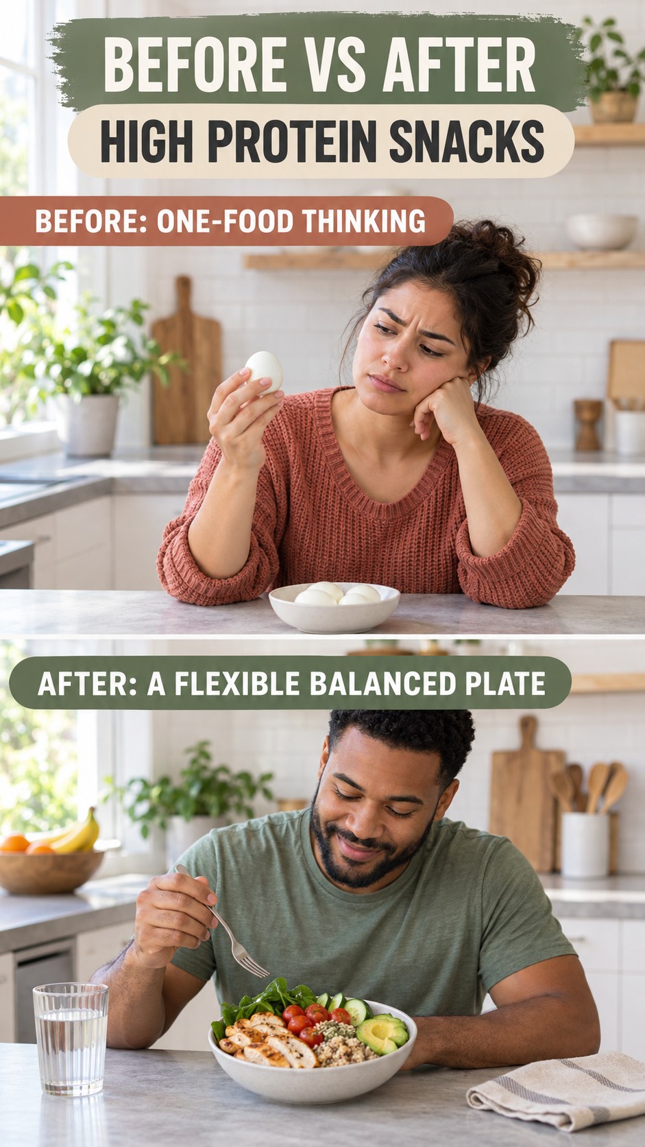Illustrative before-and-after balanced meal planning comparison for High Protein Snacks, from one-food thinking to a flexible balanced plate.