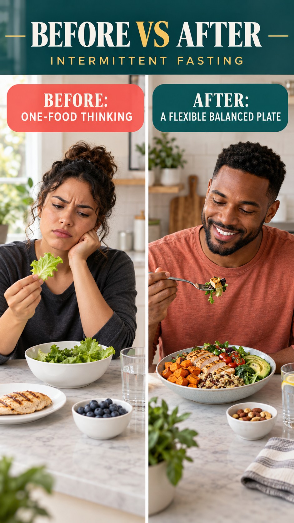 Illustrative before-and-after balanced meal planning comparison for Intermittent Fasting, from one-food thinking to a flexible balanced plate.