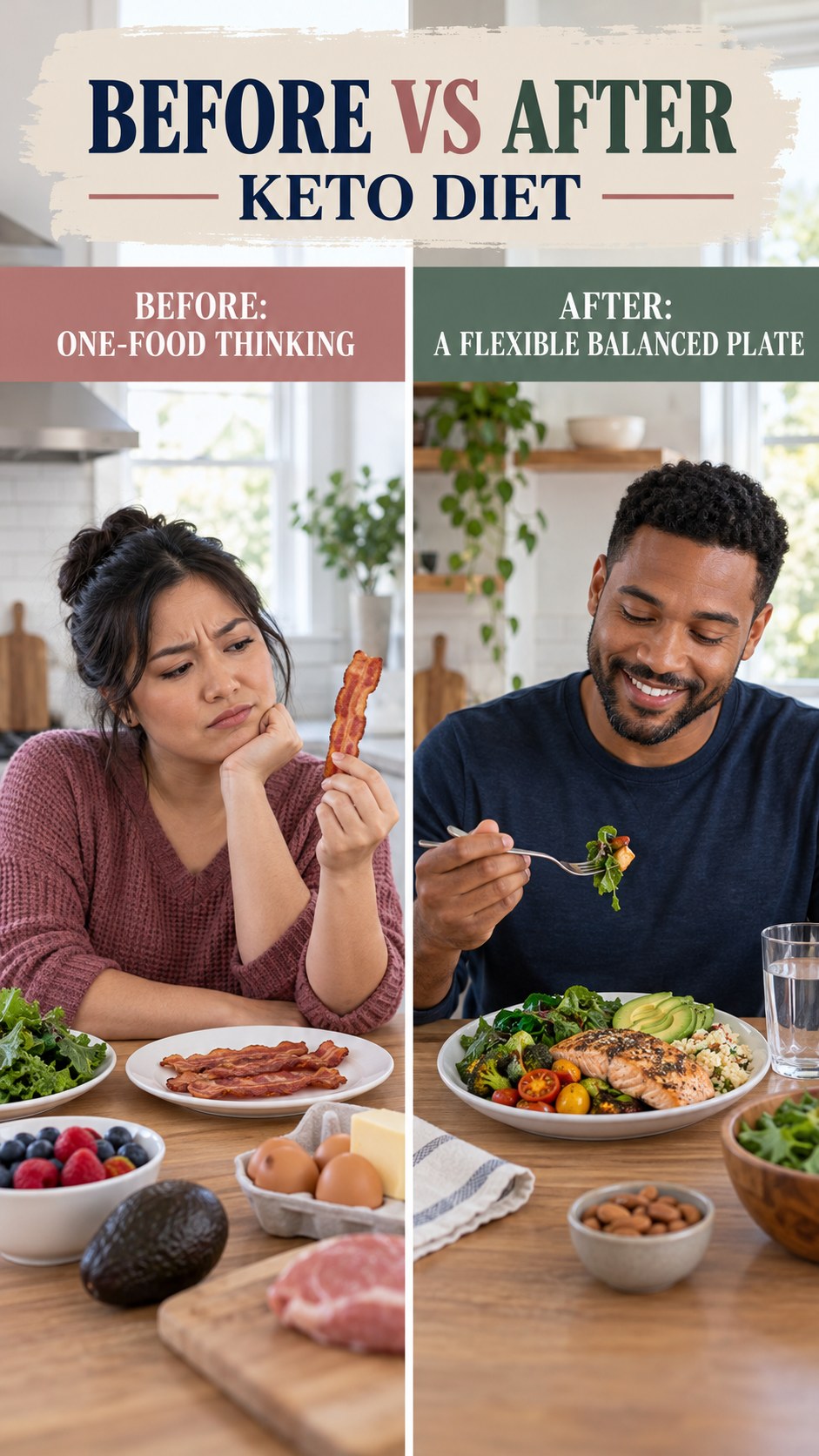 Illustrative before-and-after balanced meal planning comparison for Keto Diet, from one-food thinking to a flexible balanced plate.