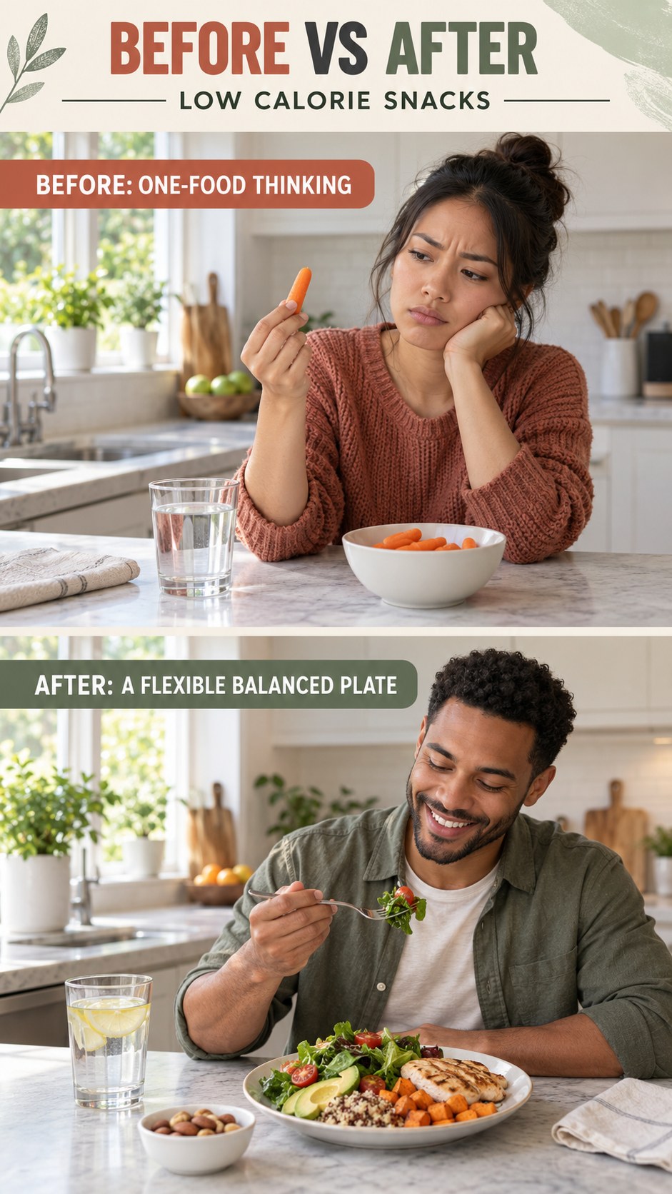 Illustrative before-and-after balanced meal planning comparison for Low Calorie Snacks, from one-food thinking to a flexible balanced plate.