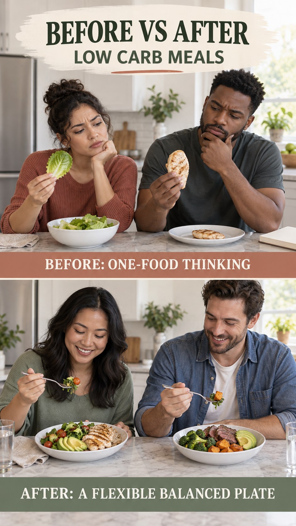 Illustrative before-and-after balanced meal planning comparison for Low Carb Meals, from one-food thinking to a flexible balanced plate.