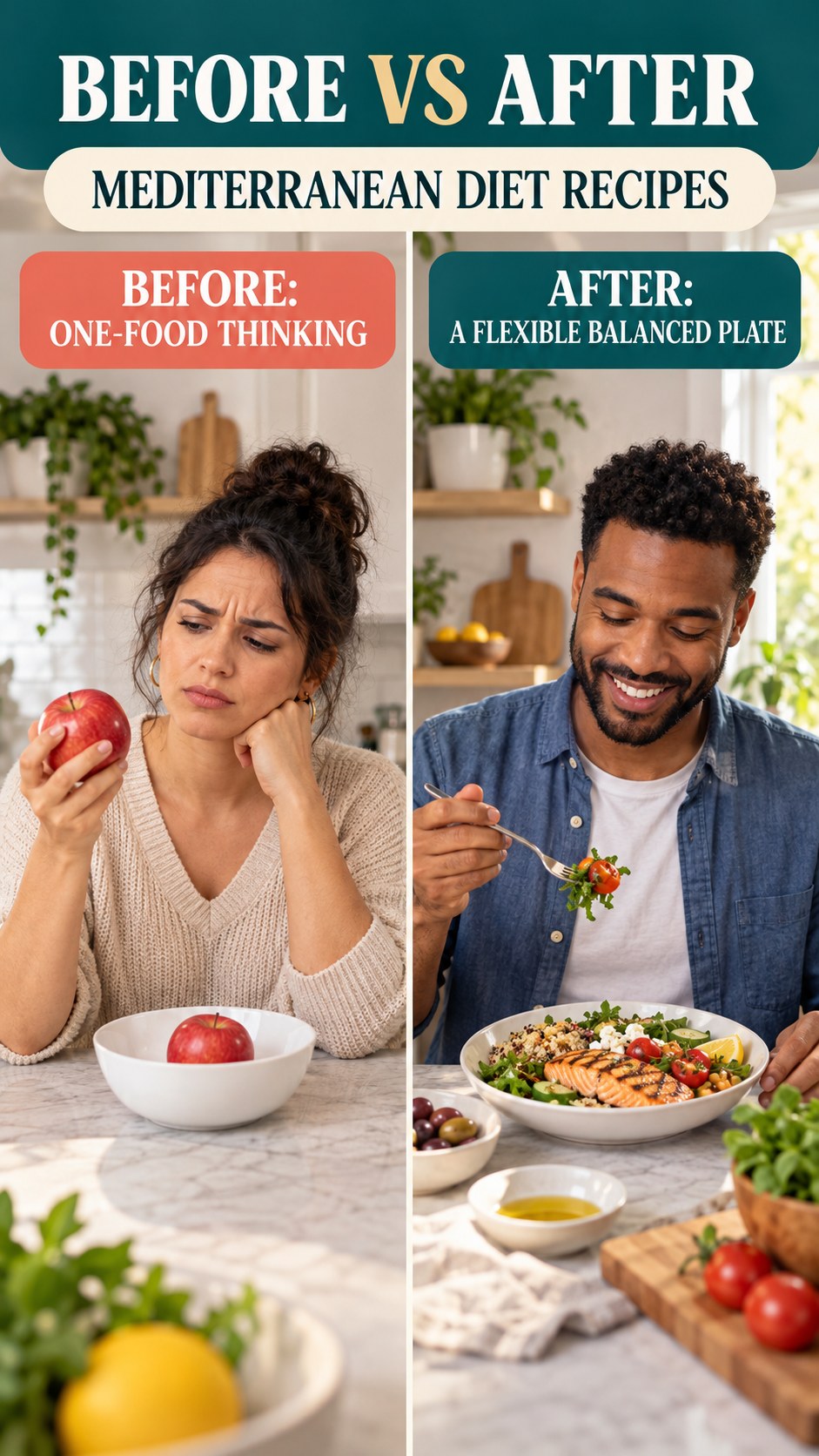 Illustrative before-and-after balanced meal planning comparison for Mediterranean Diet Recipes, from one-food thinking to a flexible balanced plate.