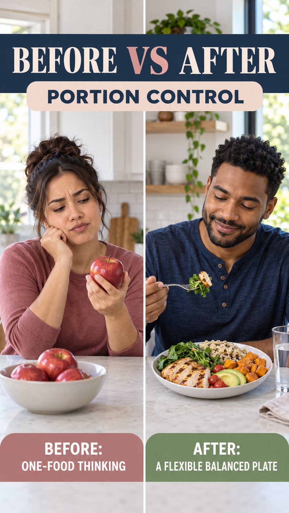 Illustrative before-and-after balanced meal planning comparison for Portion Control, from one-food thinking to a flexible balanced plate.