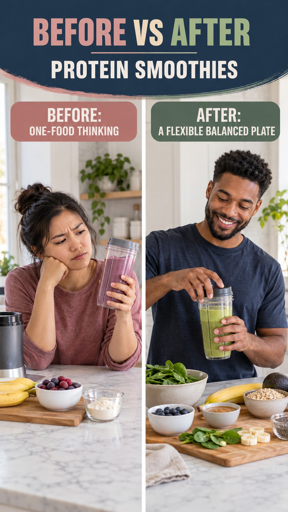 Illustrative before-and-after balanced meal planning comparison for Protein Smoothies, from one-food thinking to a flexible balanced plate.