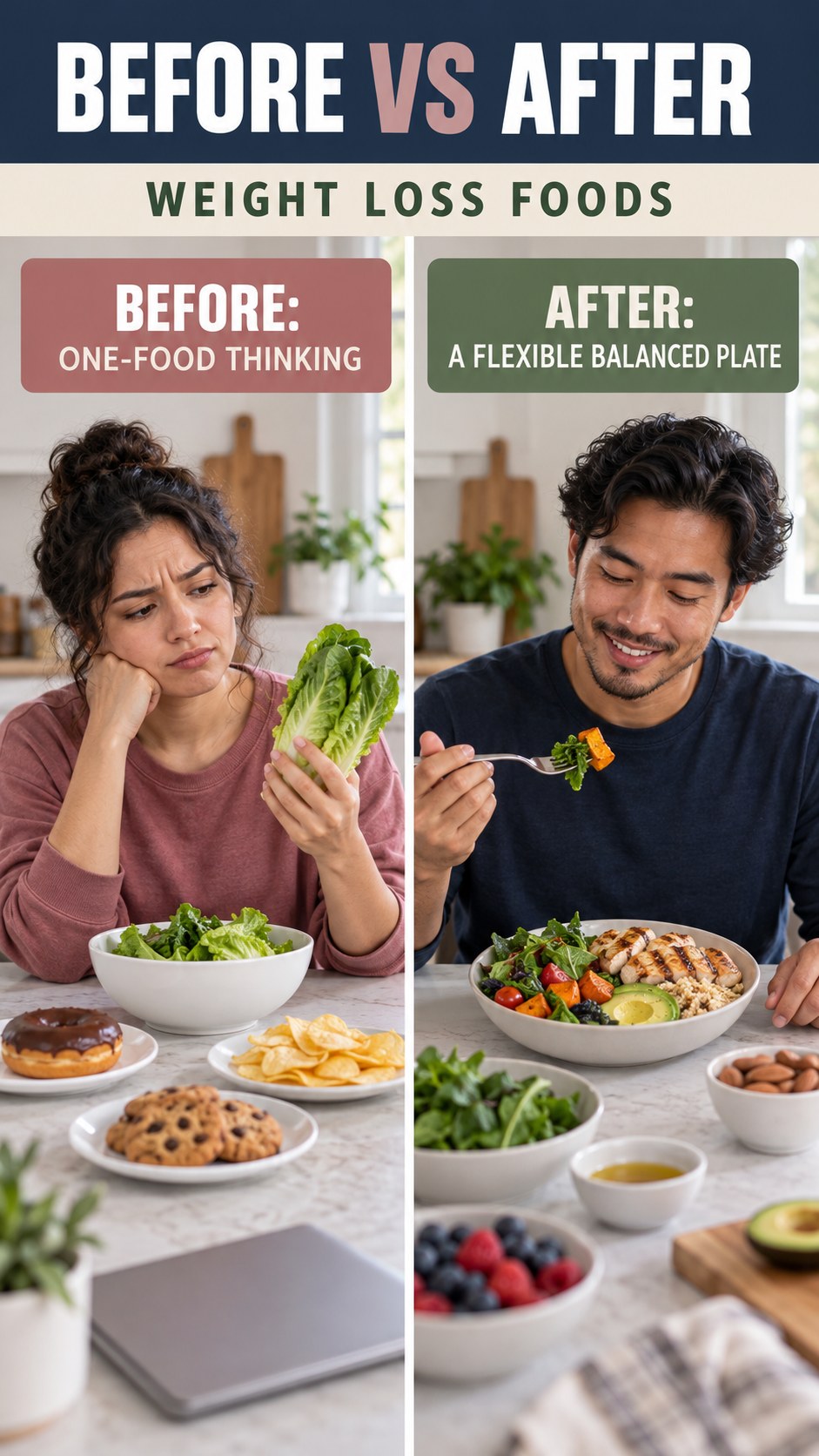 Illustrative before-and-after balanced meal planning comparison for Weight Loss Foods, from one-food thinking to a flexible balanced plate.