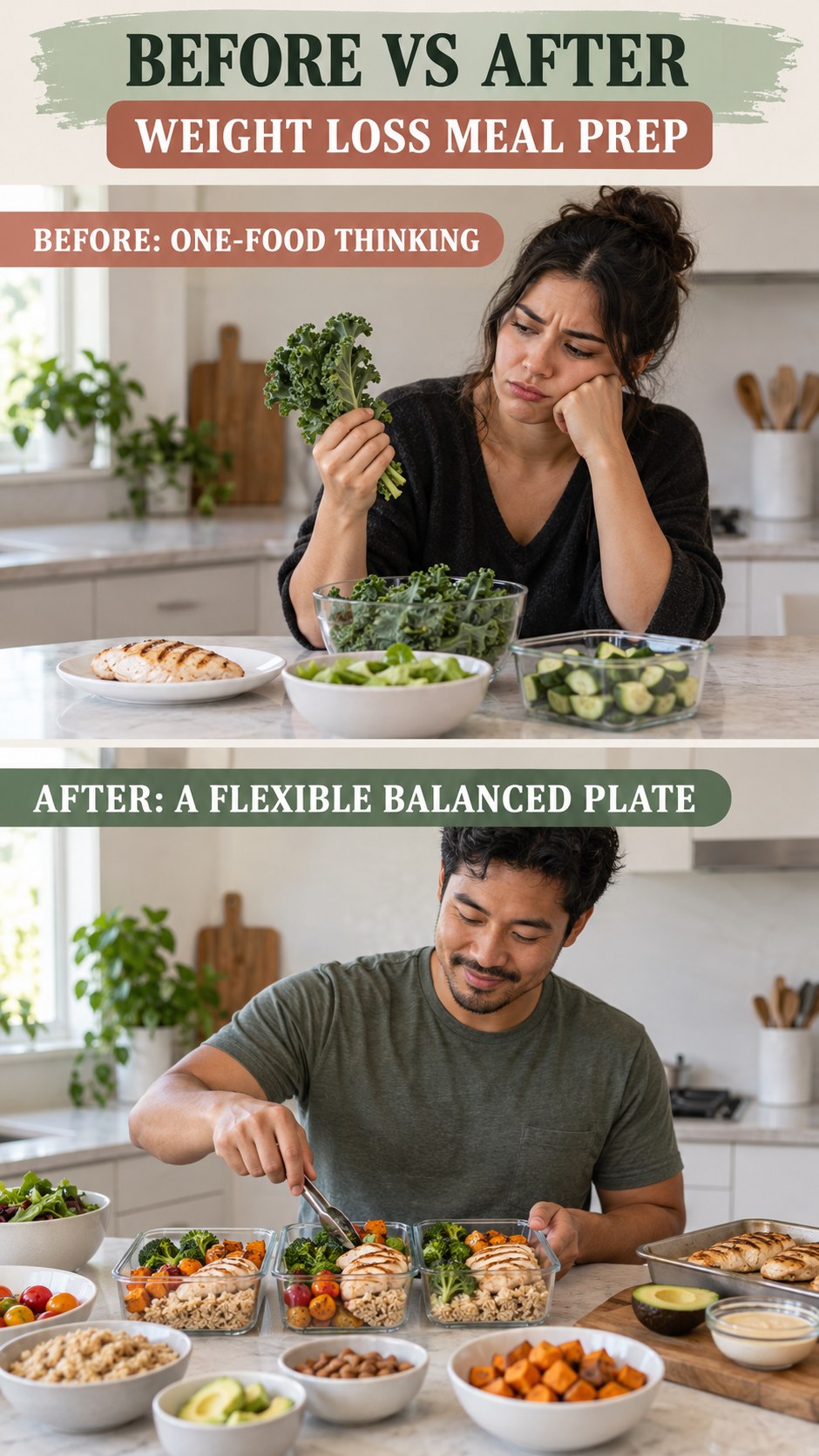 Illustrative before-and-after balanced meal planning comparison for Weight Loss Meal Prep, from one-food thinking to a flexible balanced plate.