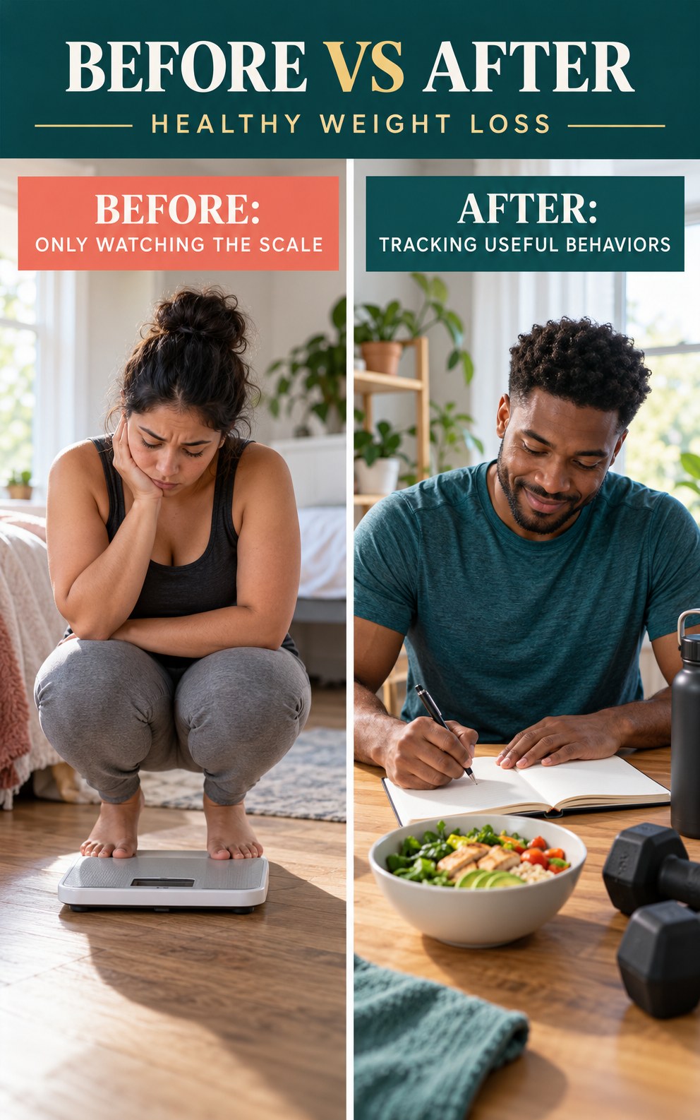 Illustrative before-and-after healthy habit tracking comparison for Healthy Weight Loss, from only watching the scale to tracking useful behaviors.