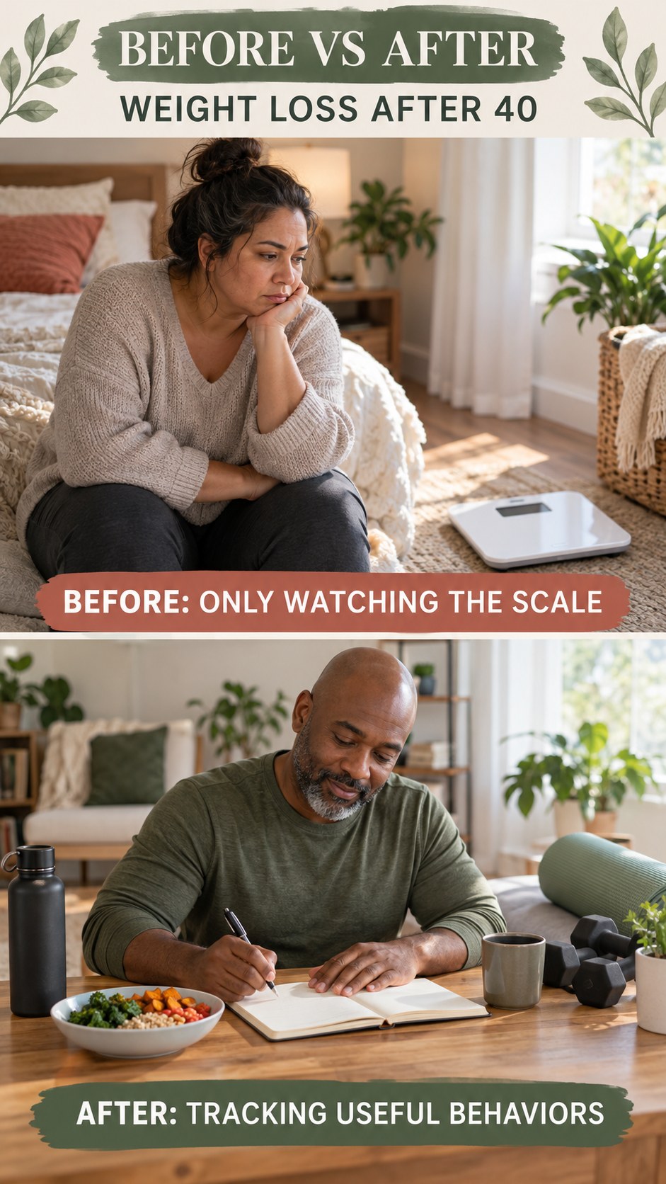 Illustrative before-and-after healthy habit tracking comparison for Weight Loss After 40, from only watching the scale to tracking useful behaviors.