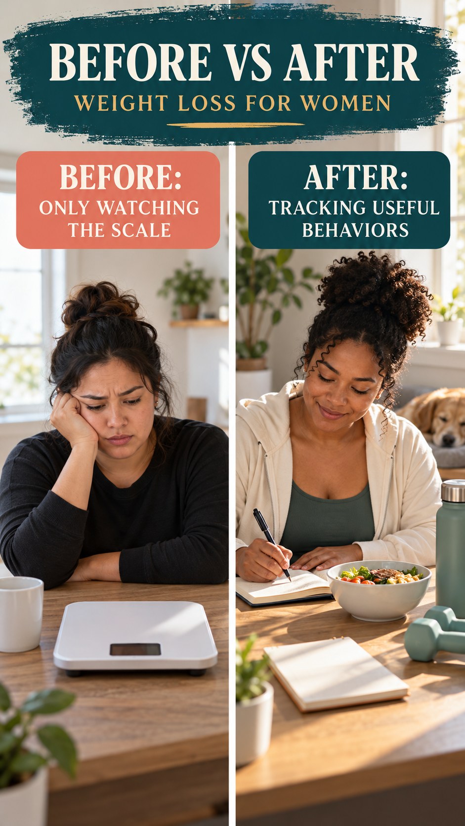 Illustrative before-and-after healthy habit tracking comparison for Weight Loss for Women, from only watching the scale to tracking useful behaviors.