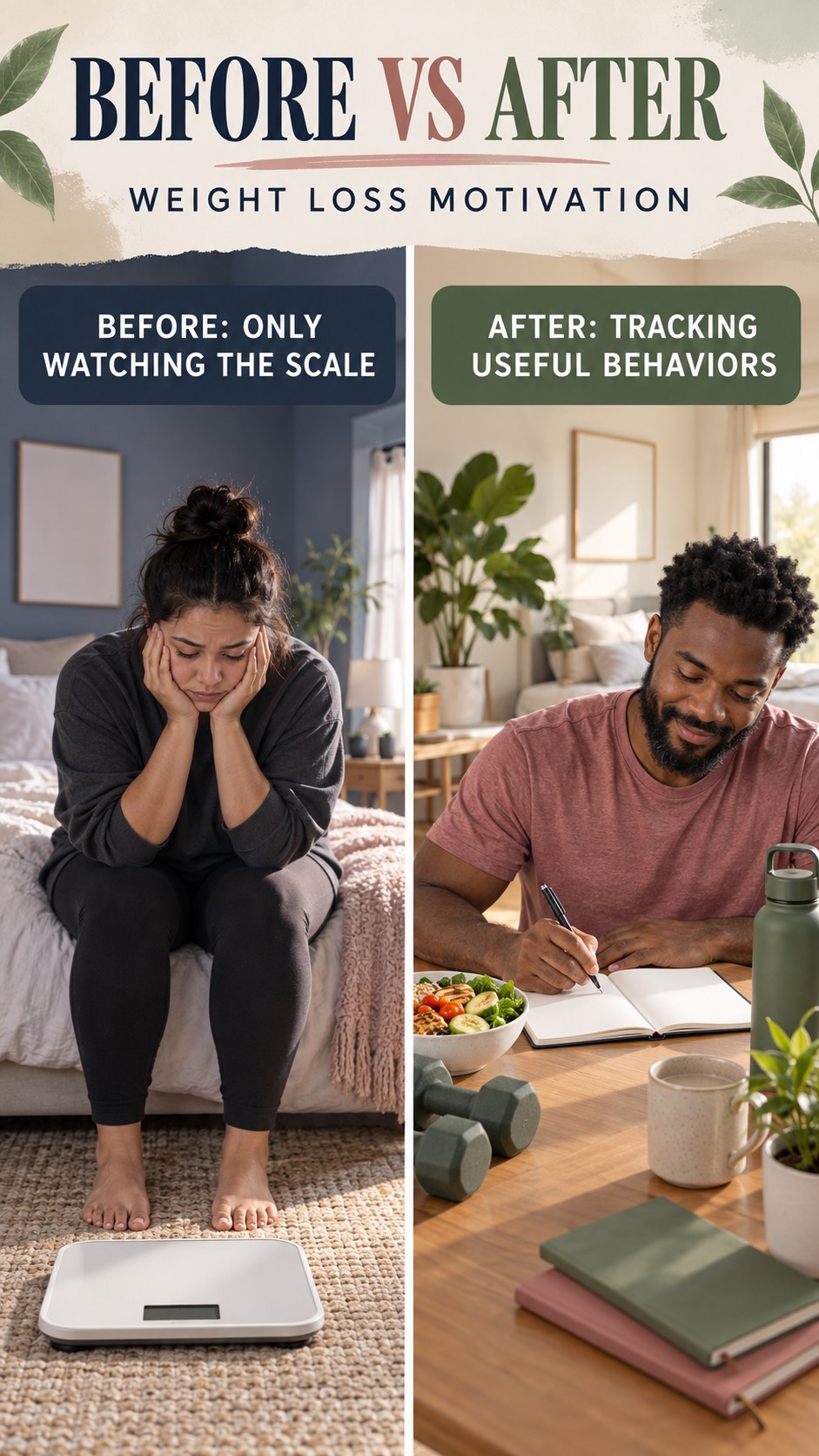 Illustrative before-and-after healthy habit tracking comparison for Weight Loss Motivation, from only watching the scale to tracking useful behaviors.