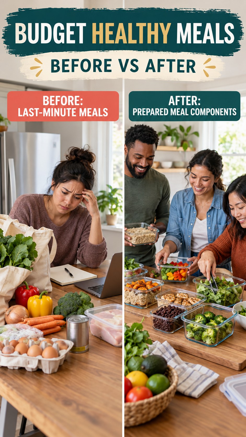 Illustrative before-and-after meal prep organization comparison for Budget Healthy Meals, from last-minute meals to prepared meal components.