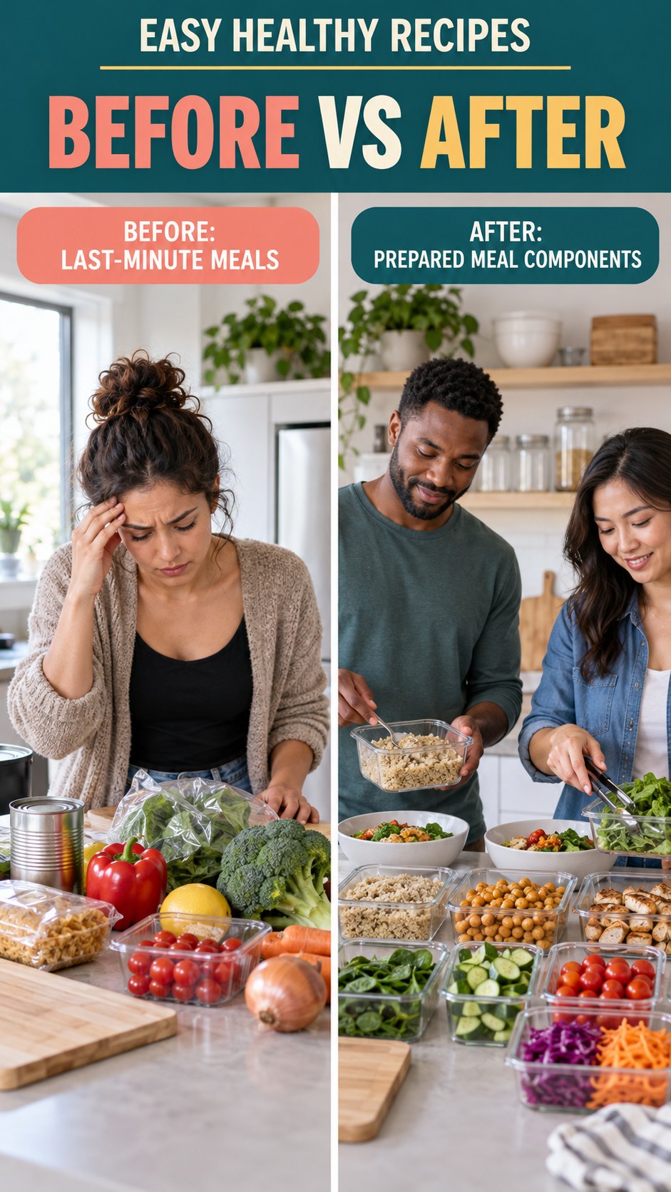 Illustrative before-and-after meal prep organization comparison for Easy Healthy Recipes, from last-minute meals to prepared meal components.
