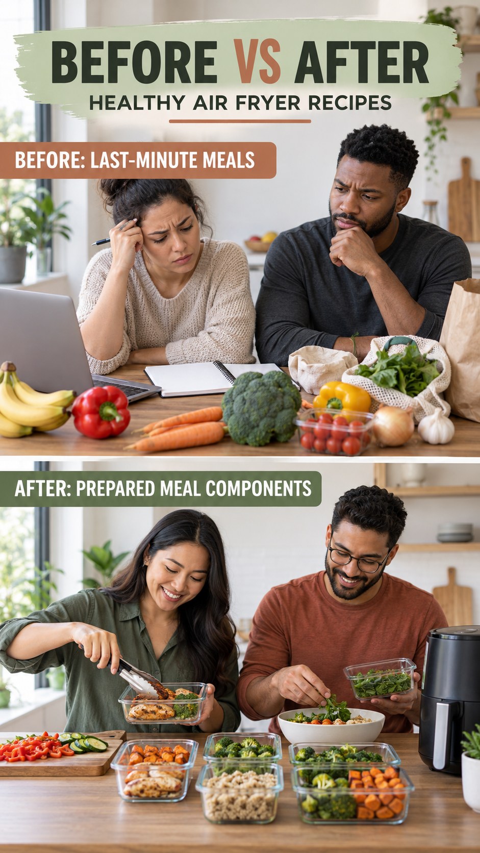 Illustrative before-and-after meal prep organization comparison for Healthy Air Fryer Recipes, from last-minute meals to prepared meal components.