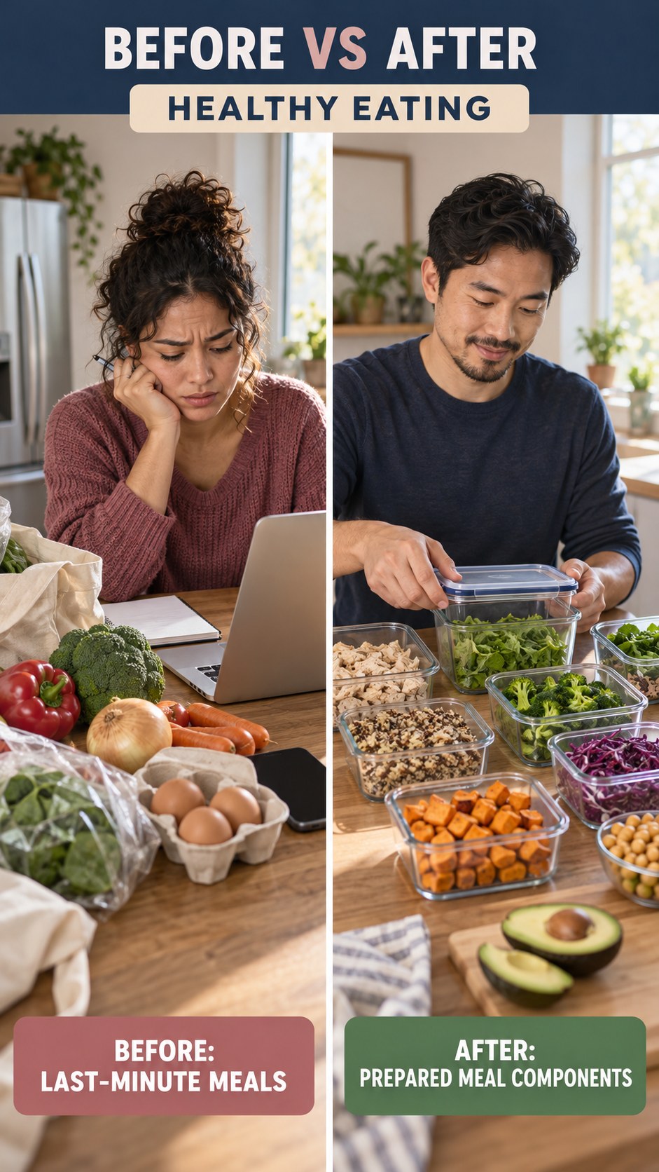 Illustrative before-and-after meal prep organization comparison for Healthy Eating, from last-minute meals to prepared meal components.