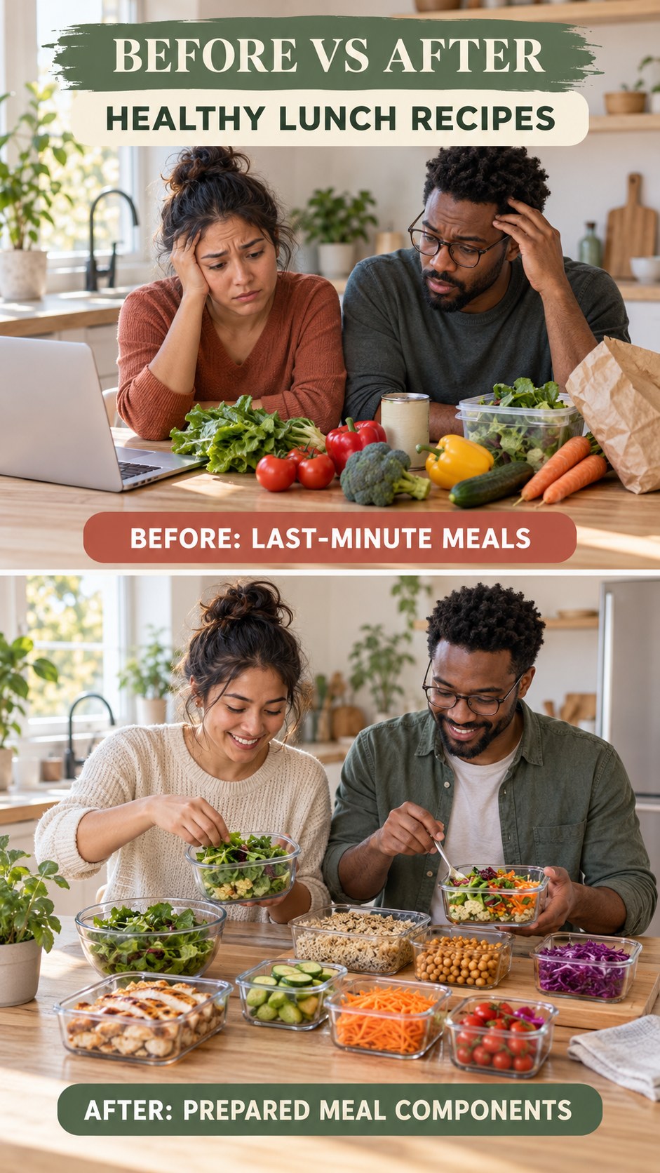 Illustrative before-and-after meal prep organization comparison for Healthy Lunch Recipes, from last-minute meals to prepared meal components.