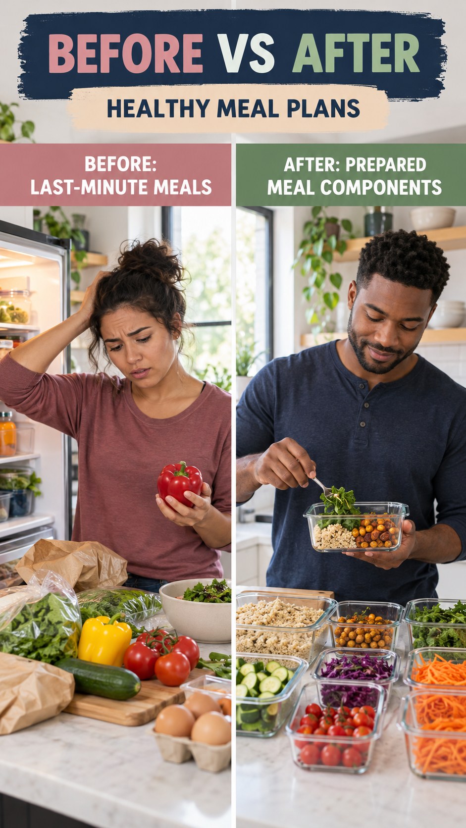 Illustrative before-and-after meal prep organization comparison for Healthy Meal Plans, from last-minute meals to prepared meal components.