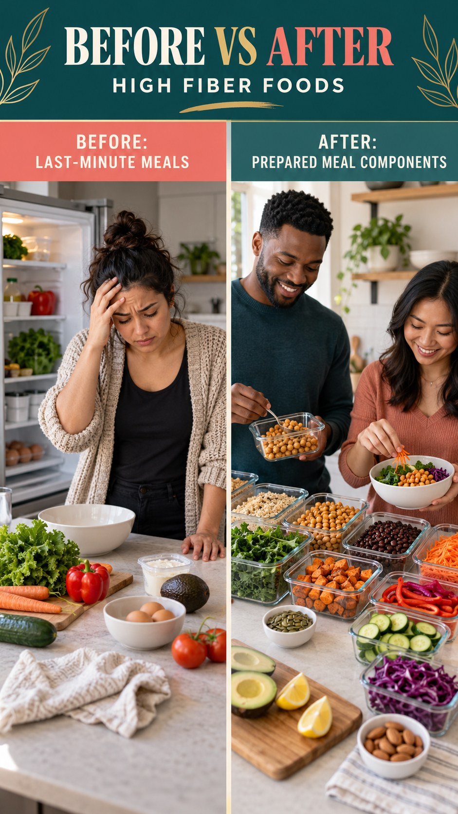 Illustrative before-and-after meal prep organization comparison for High Fiber Foods, from last-minute meals to prepared meal components.