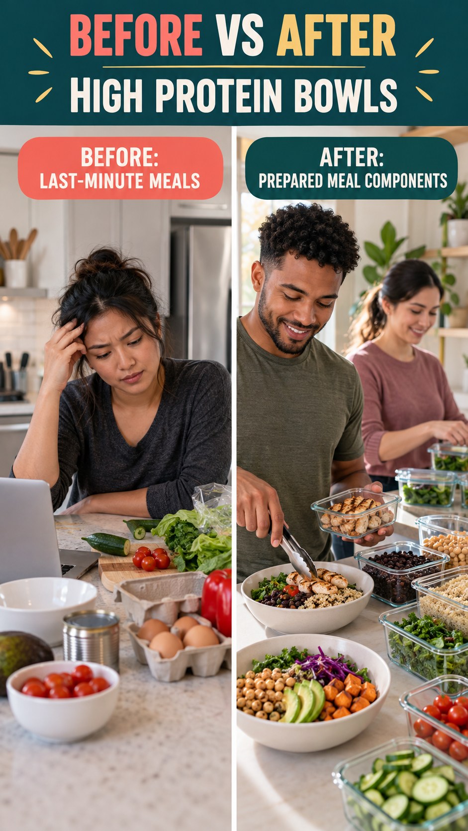 Illustrative before-and-after meal prep organization comparison for High Protein Bowls, from last-minute meals to prepared meal components.
