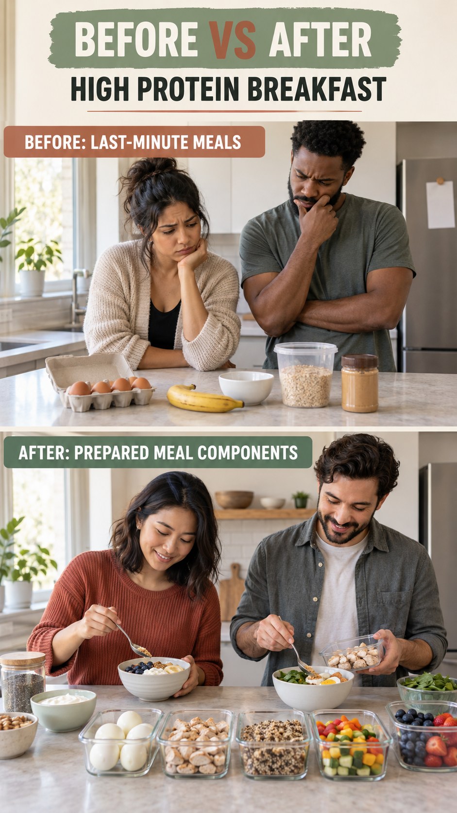 Illustrative before-and-after meal prep organization comparison for High Protein Breakfast, from last-minute meals to prepared meal components.