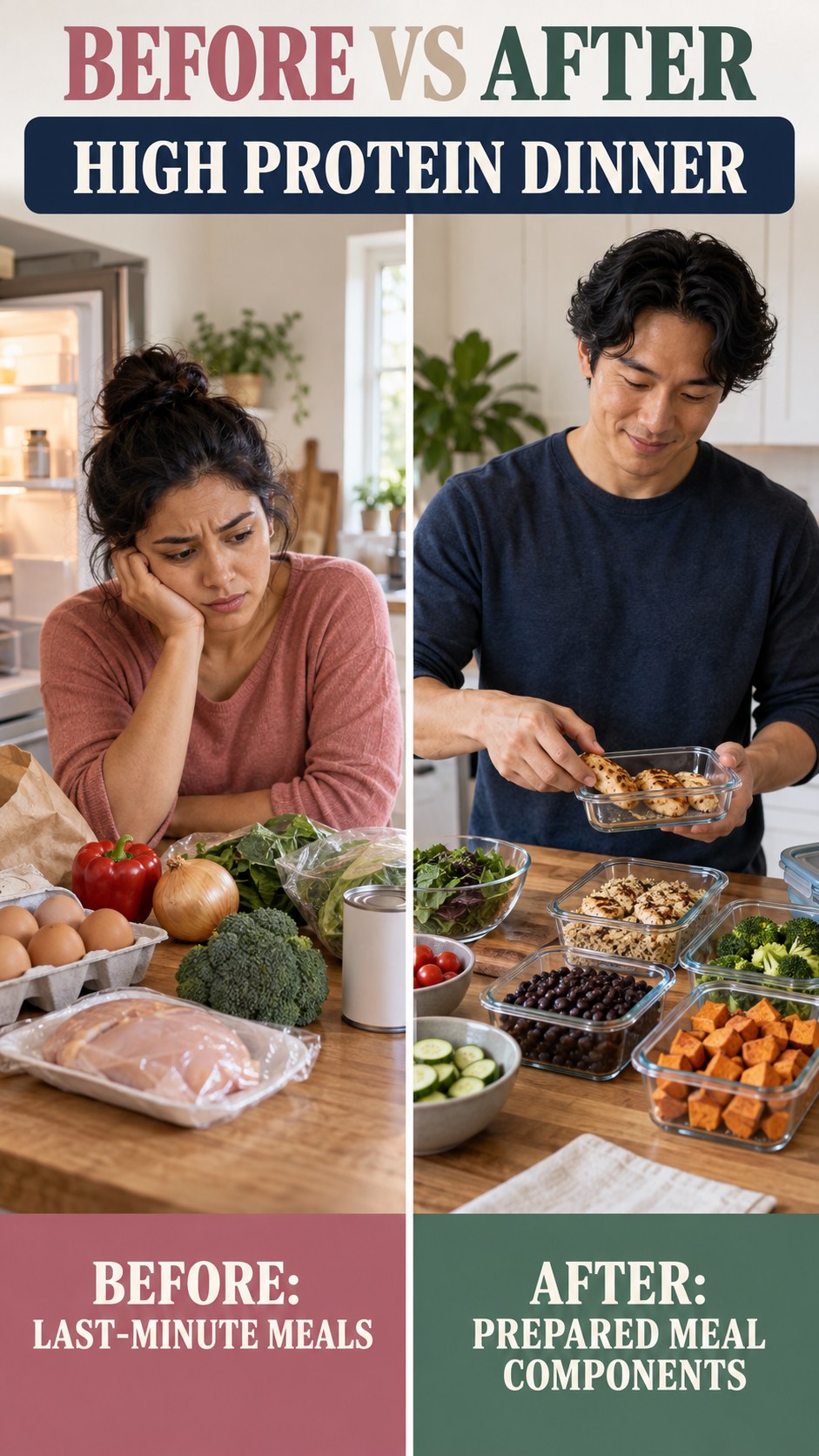 Illustrative before-and-after meal prep organization comparison for High Protein Dinner, from last-minute meals to prepared meal components.