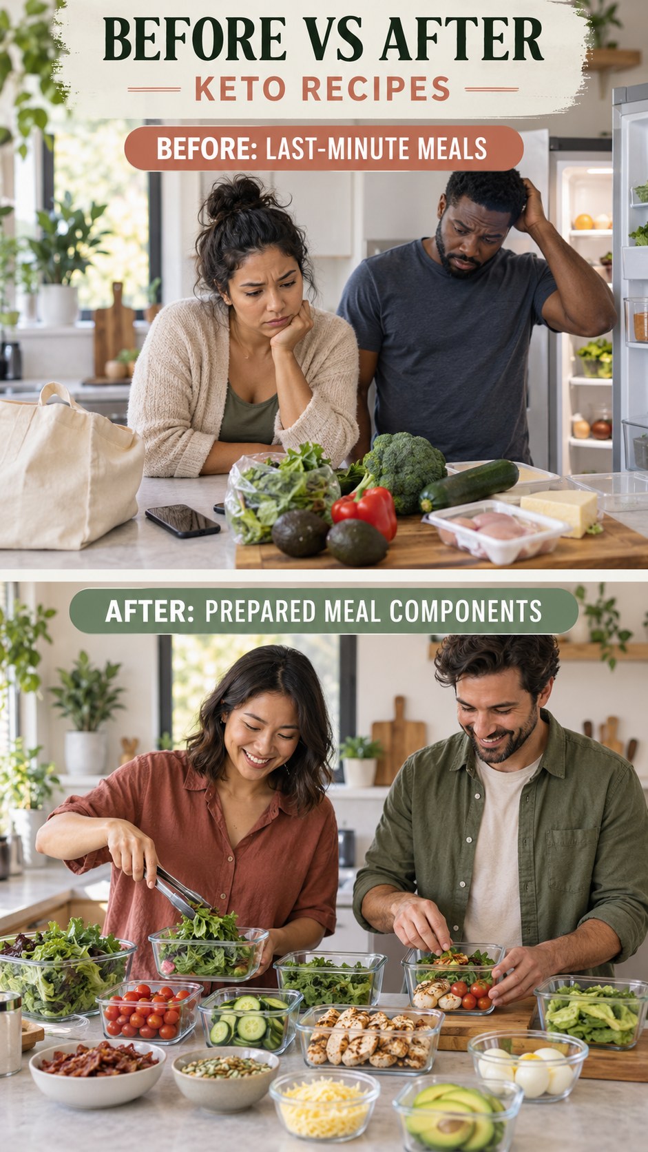Illustrative before-and-after meal prep organization comparison for Keto Recipes, from last-minute meals to prepared meal components.