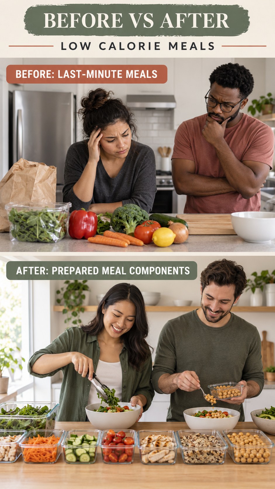 Illustrative before-and-after meal prep organization comparison for Low Calorie Meals, from last-minute meals to prepared meal components.
