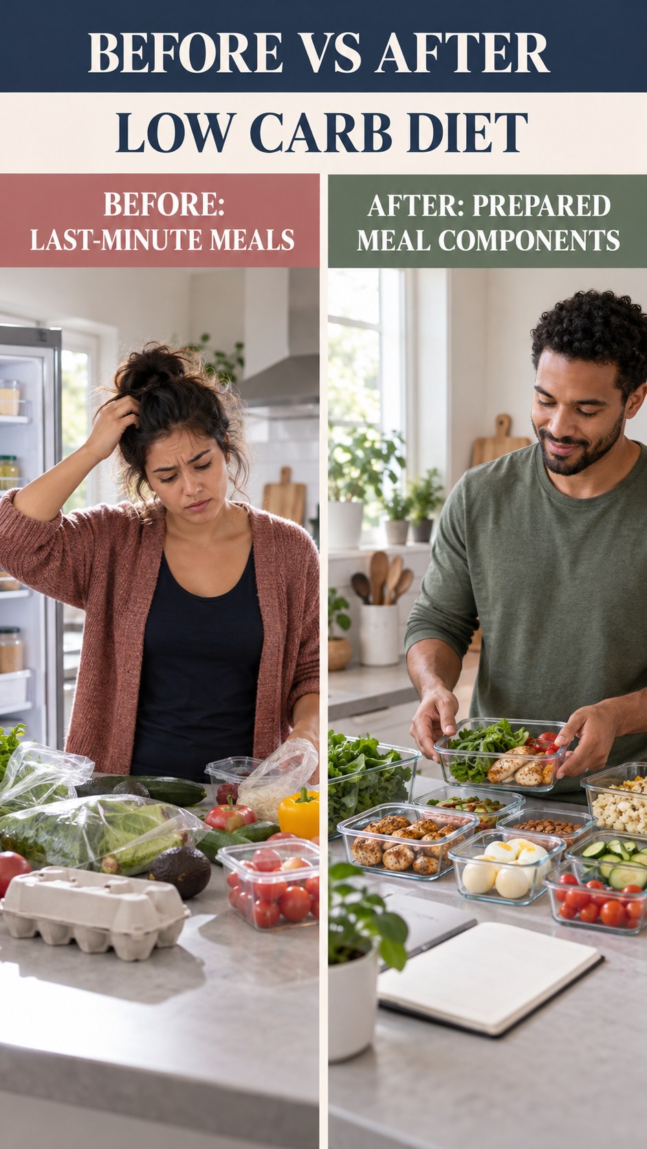 Illustrative before-and-after meal prep organization comparison for Low Carb Diet, from last-minute meals to prepared meal components.