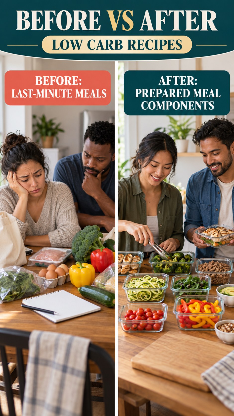 Illustrative before-and-after meal prep organization comparison for Low Carb Recipes, from last-minute meals to prepared meal components.