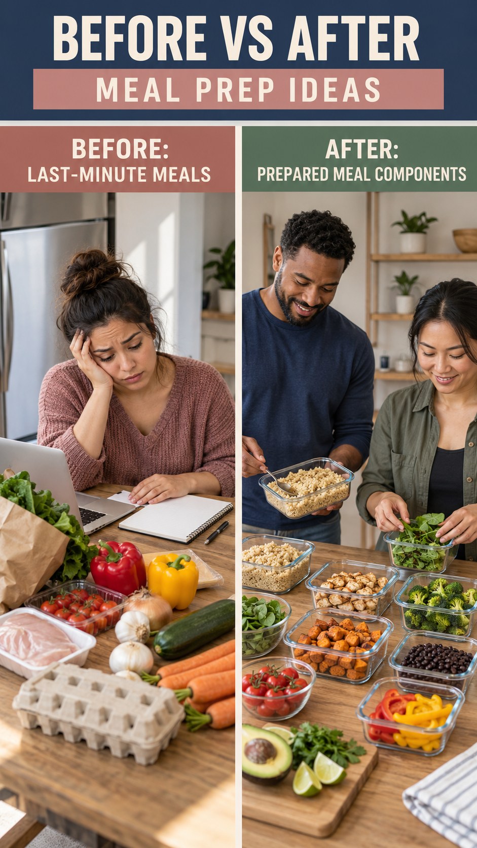Illustrative before-and-after meal prep organization comparison for Meal Prep Ideas, from last-minute meals to prepared meal components.
