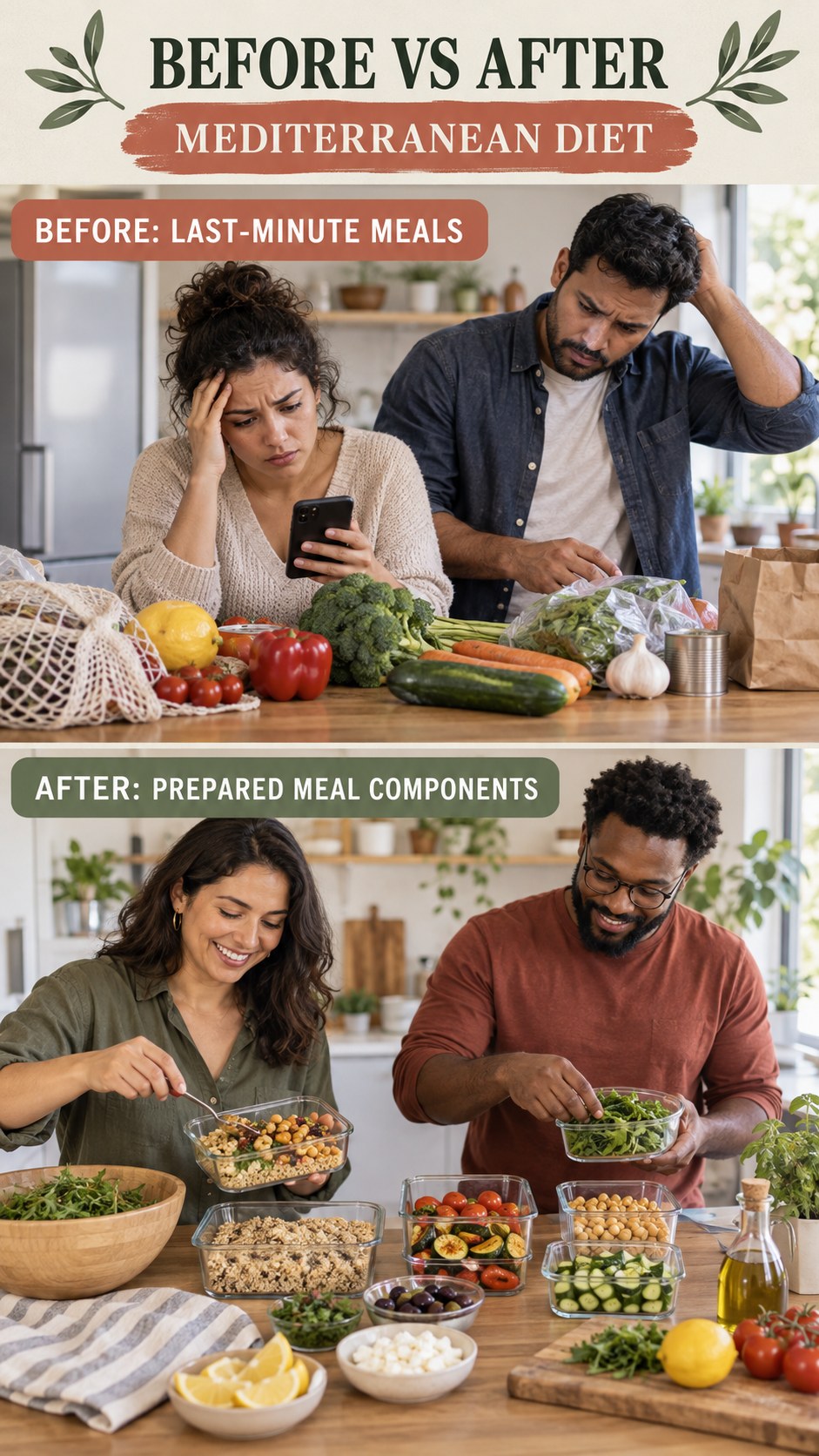 Illustrative before-and-after meal prep organization comparison for Mediterranean Diet, from last-minute meals to prepared meal components.