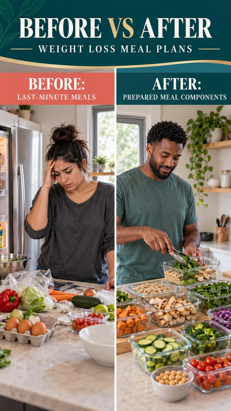 Illustrative before-and-after meal prep organization comparison for Weight Loss Meal Plans, from last-minute meals to prepared meal components.