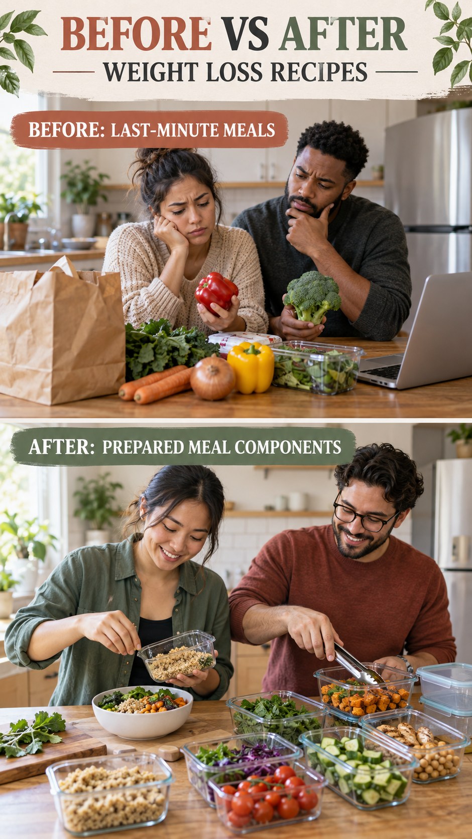 Illustrative before-and-after meal prep organization comparison for Weight Loss Recipes, from last-minute meals to prepared meal components.
