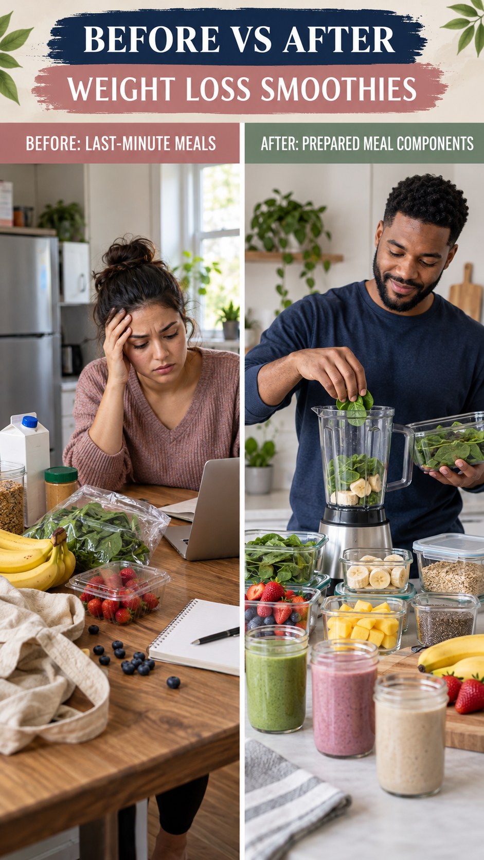 Illustrative before-and-after meal prep organization comparison for Weight Loss Smoothies, from last-minute meals to prepared meal components.
