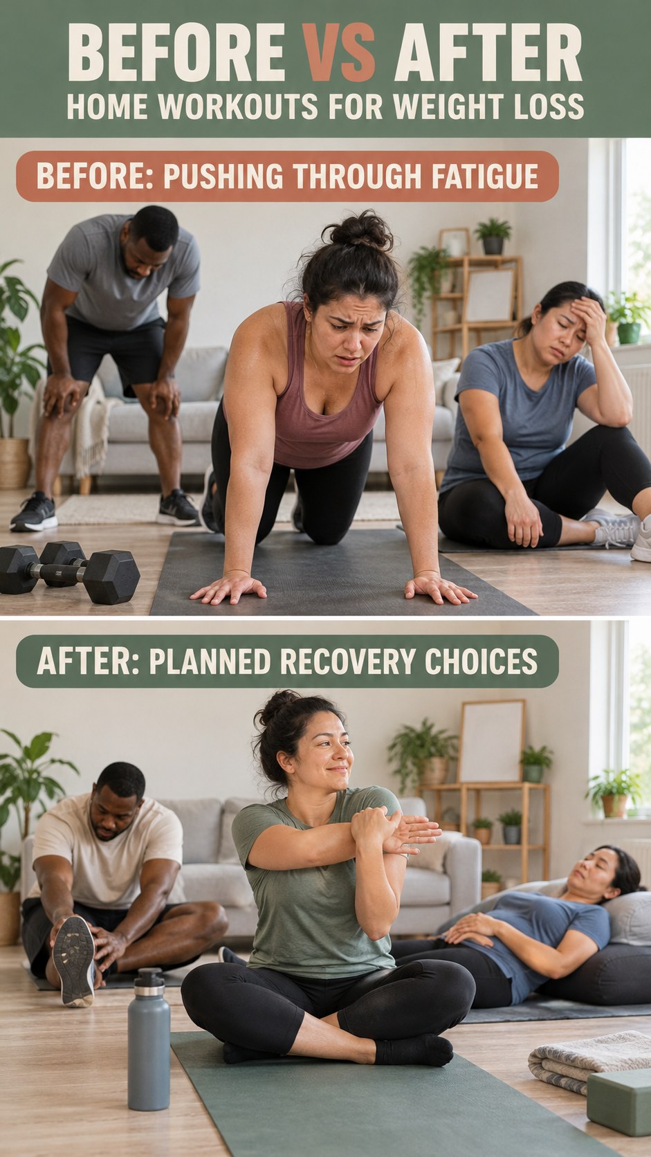 Illustrative before-and-after recovery routine comparison for Home Workouts for Weight Loss, from pushing through fatigue to planned recovery choices.