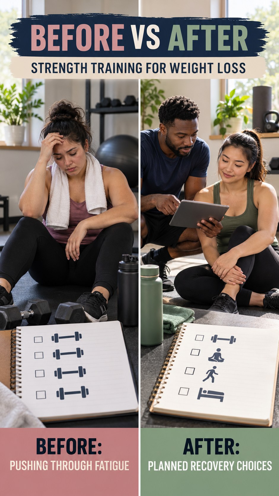 Illustrative before-and-after recovery routine comparison for Strength Training for Weight Loss, from pushing through fatigue to planned recovery choices.