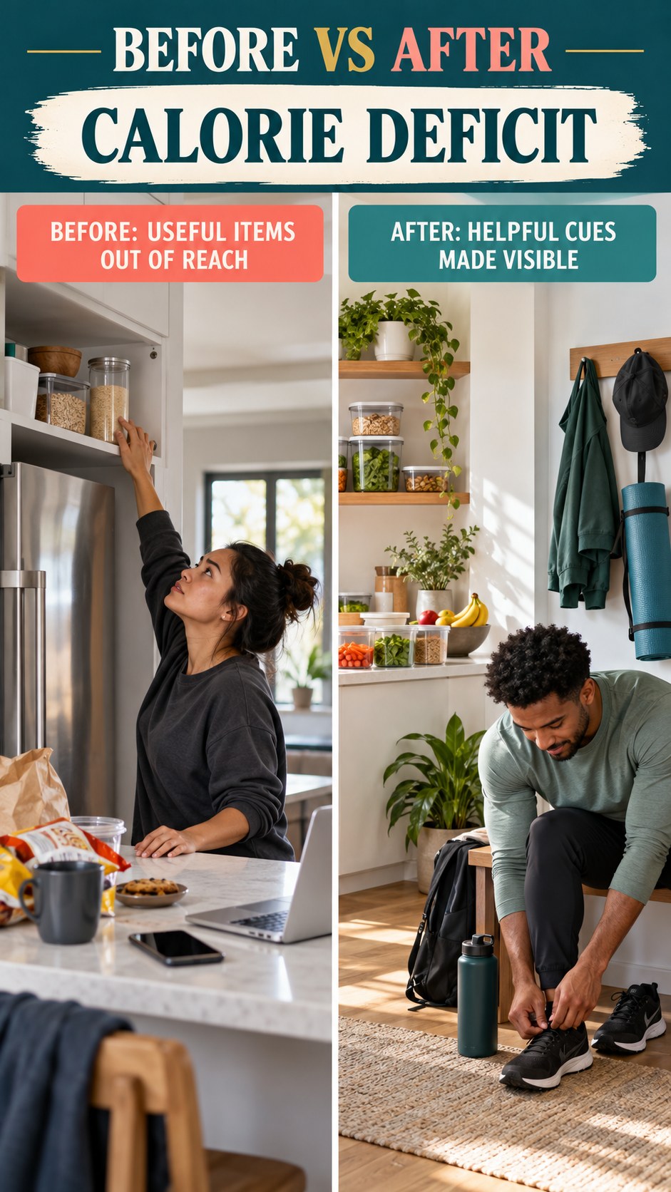 Illustrative before-and-after supportive environment comparison for Calorie Deficit, from useful items out of reach to helpful cues made visible.