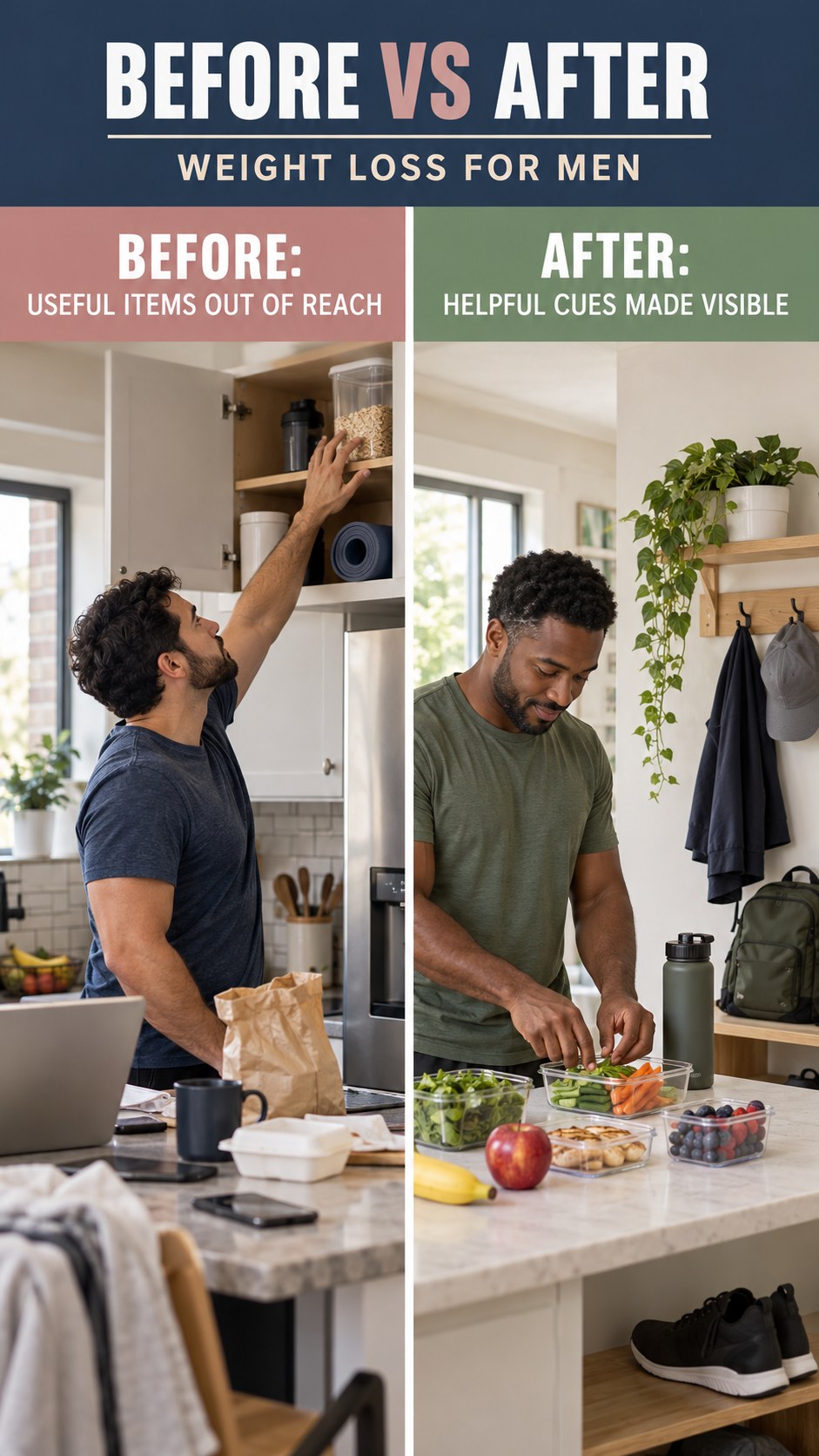 Illustrative before-and-after supportive environment comparison for Weight Loss for Men, from useful items out of reach to helpful cues made visible.