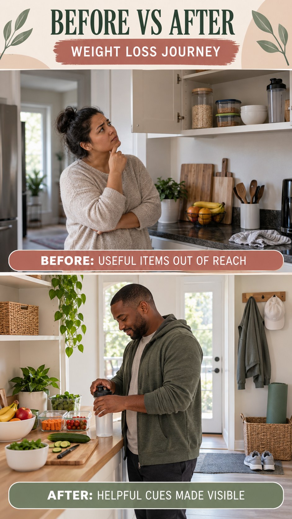 Illustrative before-and-after supportive environment comparison for Weight Loss Journey, from useful items out of reach to helpful cues made visible.