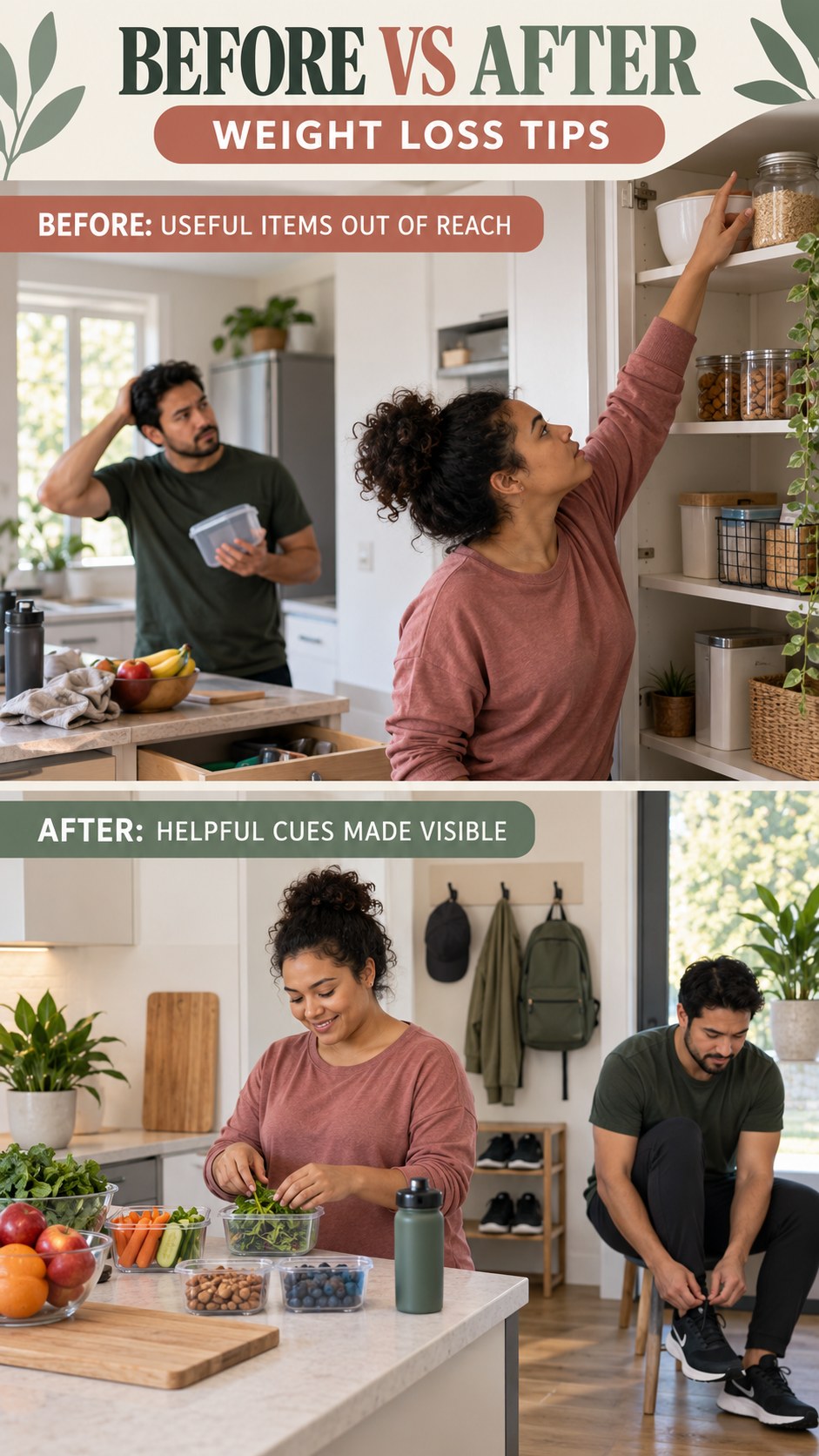Illustrative before-and-after supportive environment comparison for Weight Loss Tips, from useful items out of reach to helpful cues made visible.