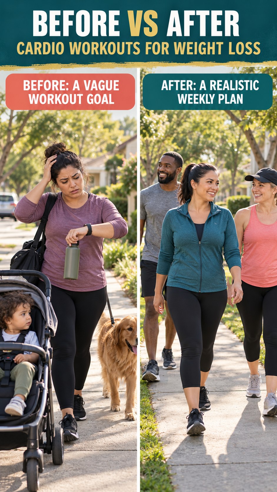 Illustrative before-and-after workout consistency comparison for Cardio Workouts for Weight Loss, from a vague workout goal to a realistic weekly plan.
