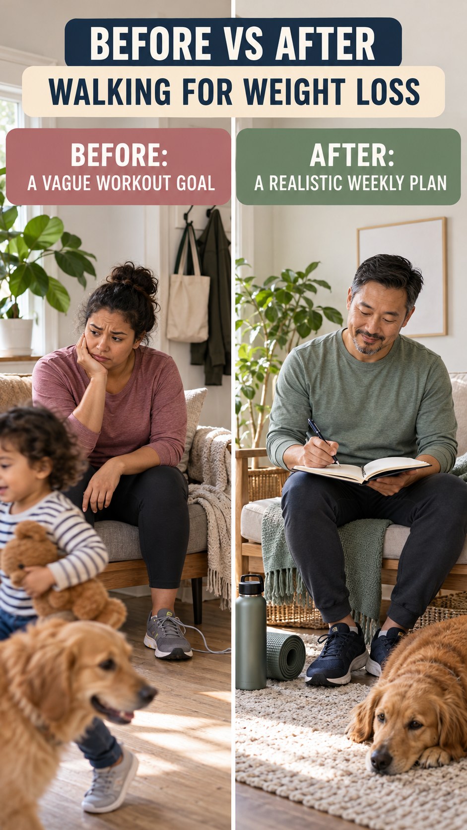 Illustrative before-and-after workout consistency comparison for Walking for Weight Loss, from a vague workout goal to a realistic weekly plan.