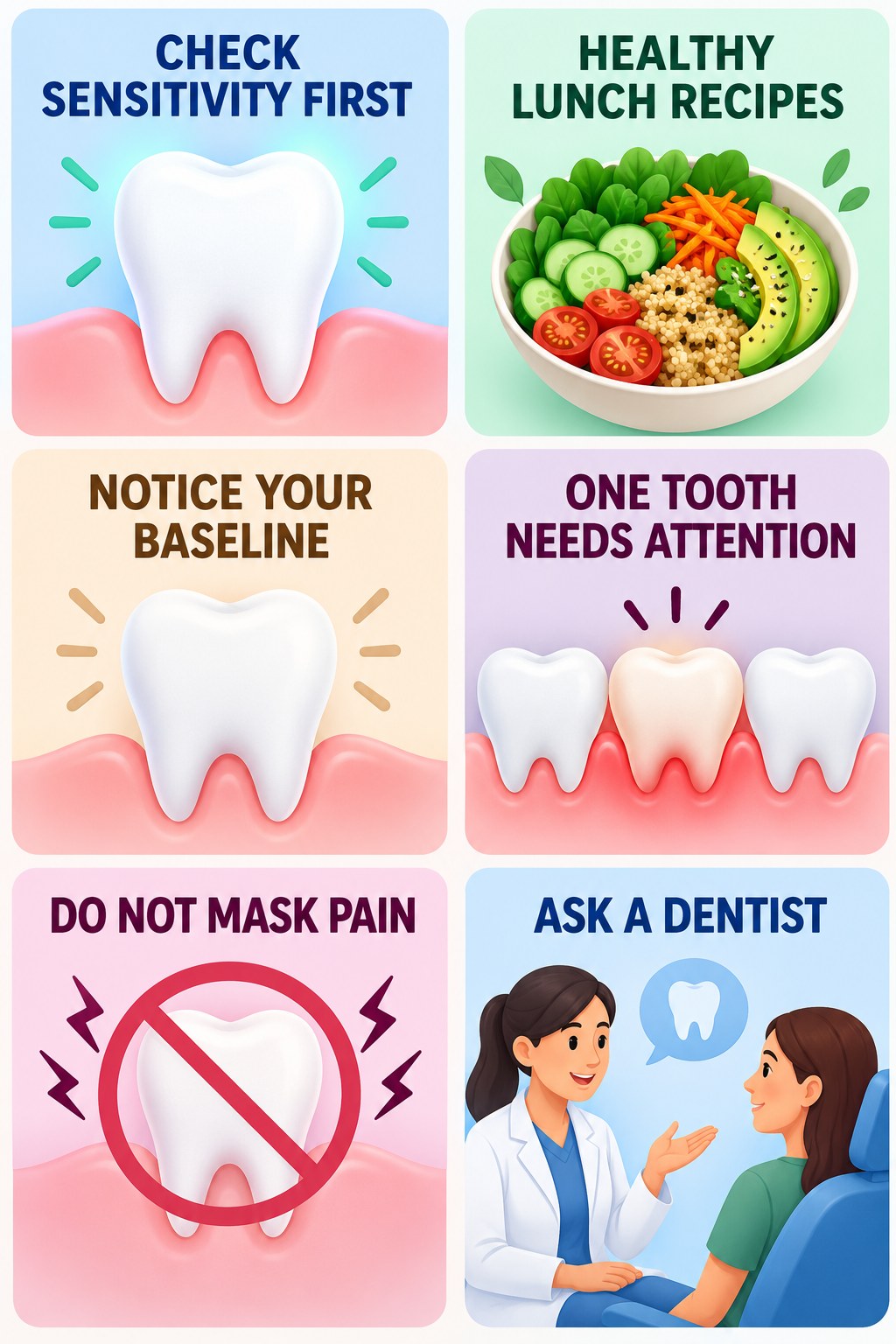 Before Whitening, Check Existing Sensitivity infographic for Healthy Lunch Recipes with four concise whitening-sensitivity safety points.