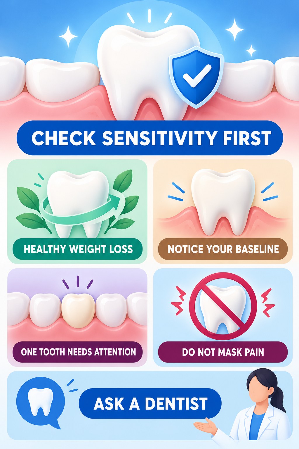 Before Whitening, Check Existing Sensitivity infographic for Healthy Weight Loss with four concise whitening-sensitivity safety points.
