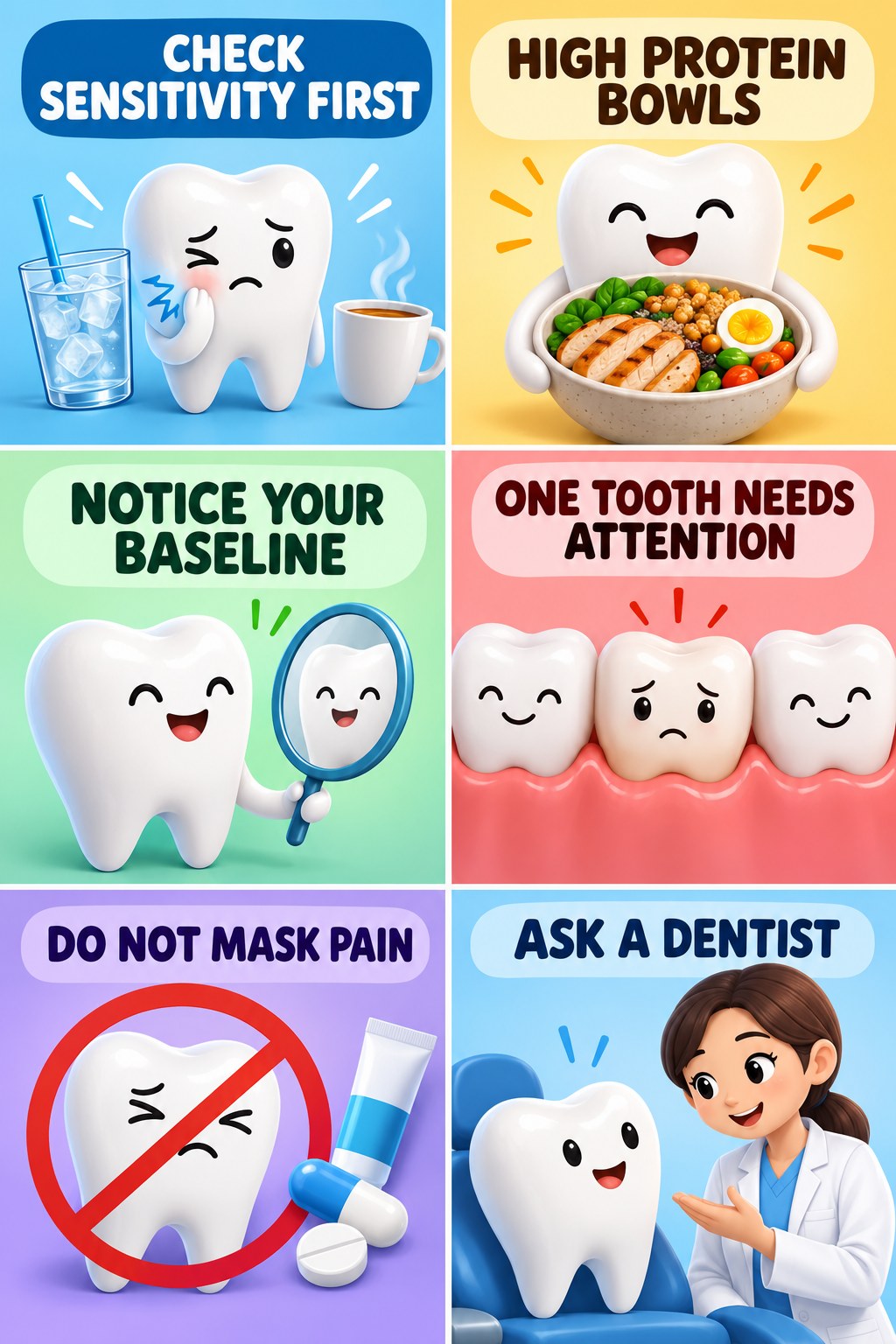 Before Whitening, Check Existing Sensitivity infographic for High Protein Bowls with four concise whitening-sensitivity safety points.