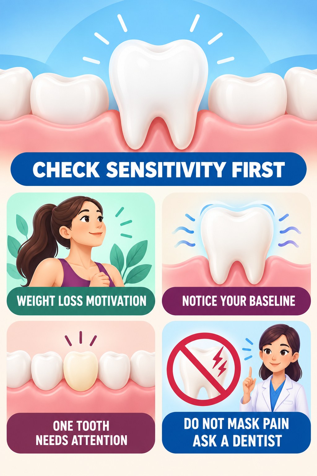 Before Whitening, Check Existing Sensitivity infographic for Weight Loss Motivation with four concise whitening-sensitivity safety points.